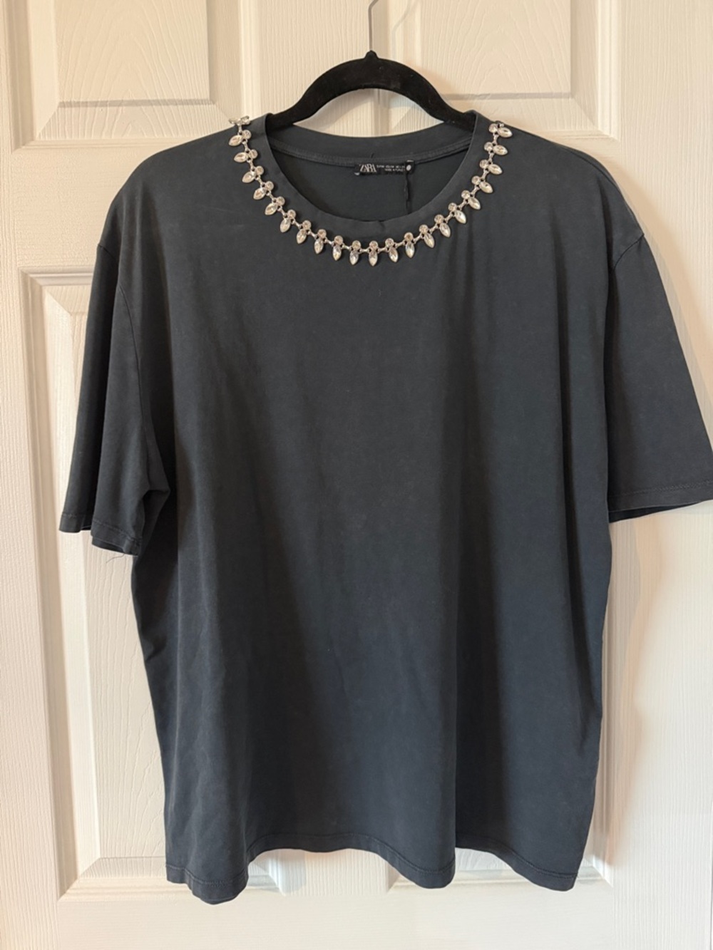 Zara dark navy/black Short‑Sleeve T‑Shirt with Crystal Neckline